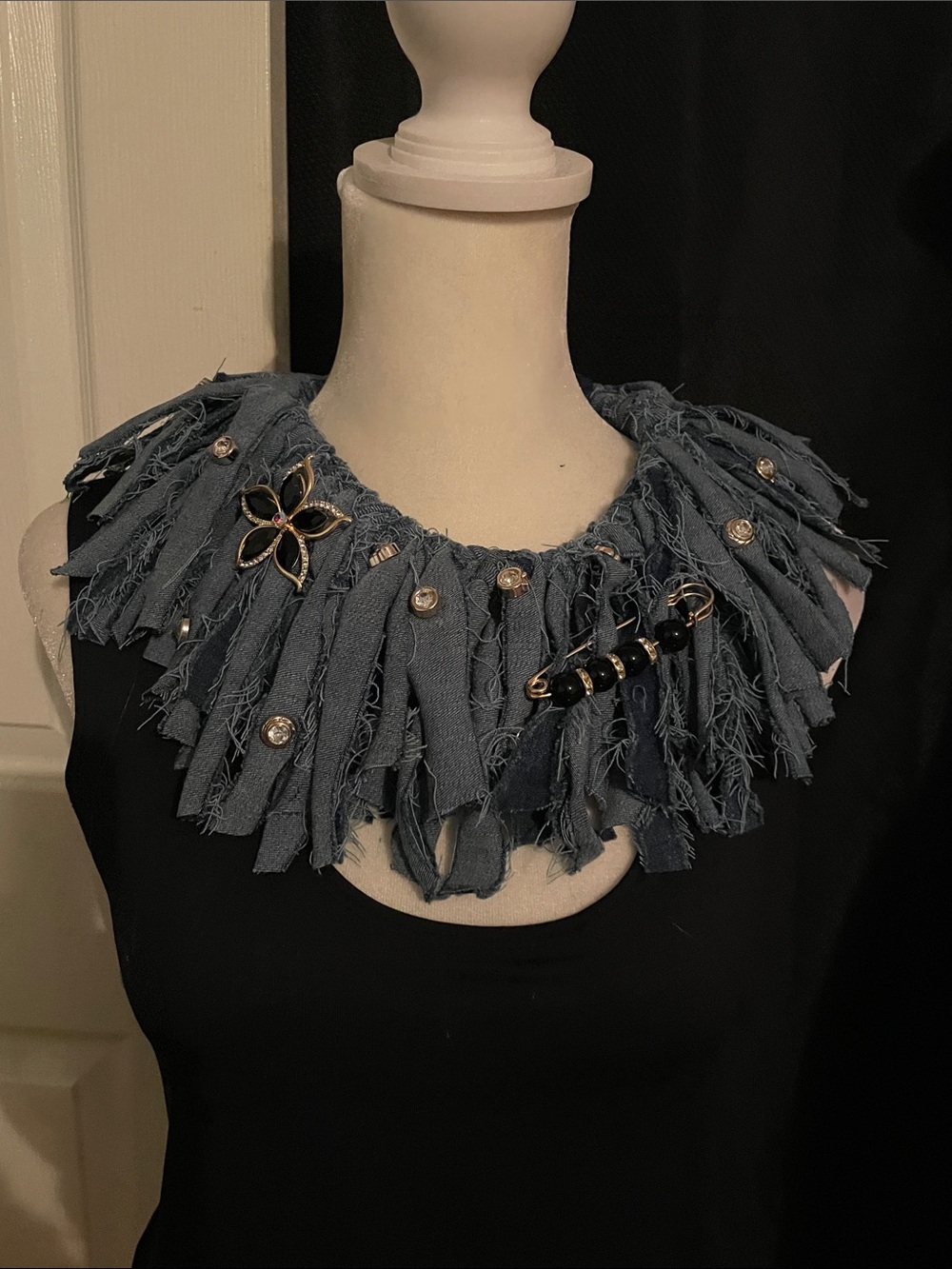 Frayed Textile Statement Necklace with Rhinestone Accents - Blue